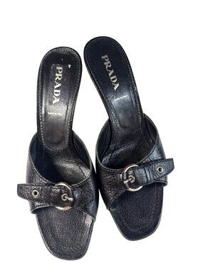 Prada Black Leather Heeled Sandals With Silver Buckle Accents Size 37.5